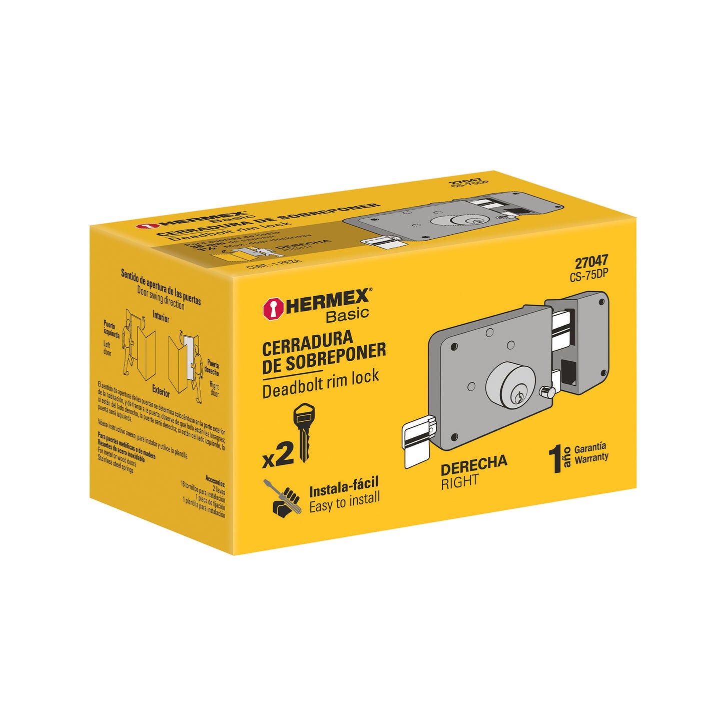 Cerradura sobreponer derecha instala-fácil, caja, HERMEX BASIC