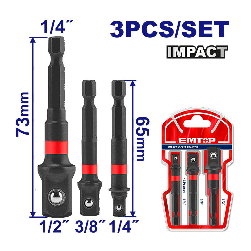 Juego de adaptadores de impacto para copas, ejes de 1/4, 3/8 Y 1/2. vastago 1/4. EMTOP