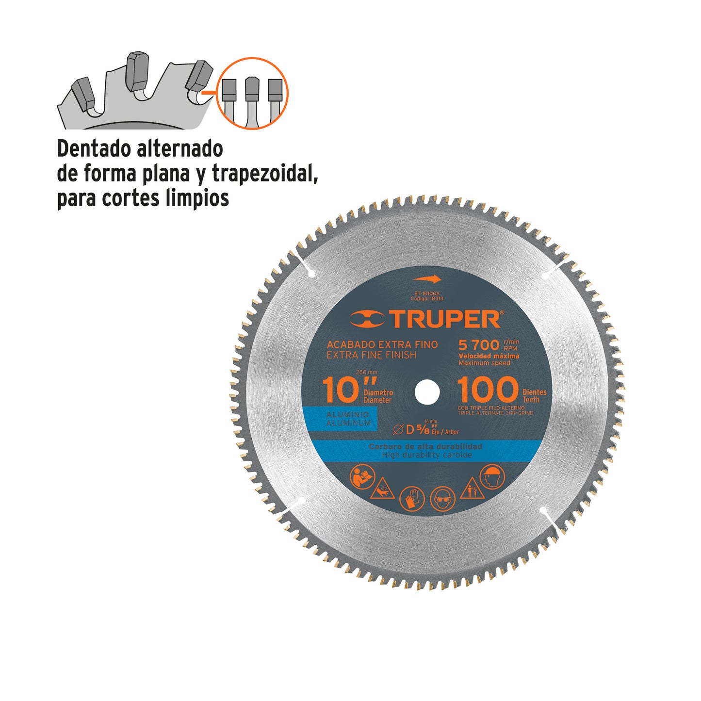 Disco sierra 10" para aluminio, 100 dientes centro 5/8" TRUPER