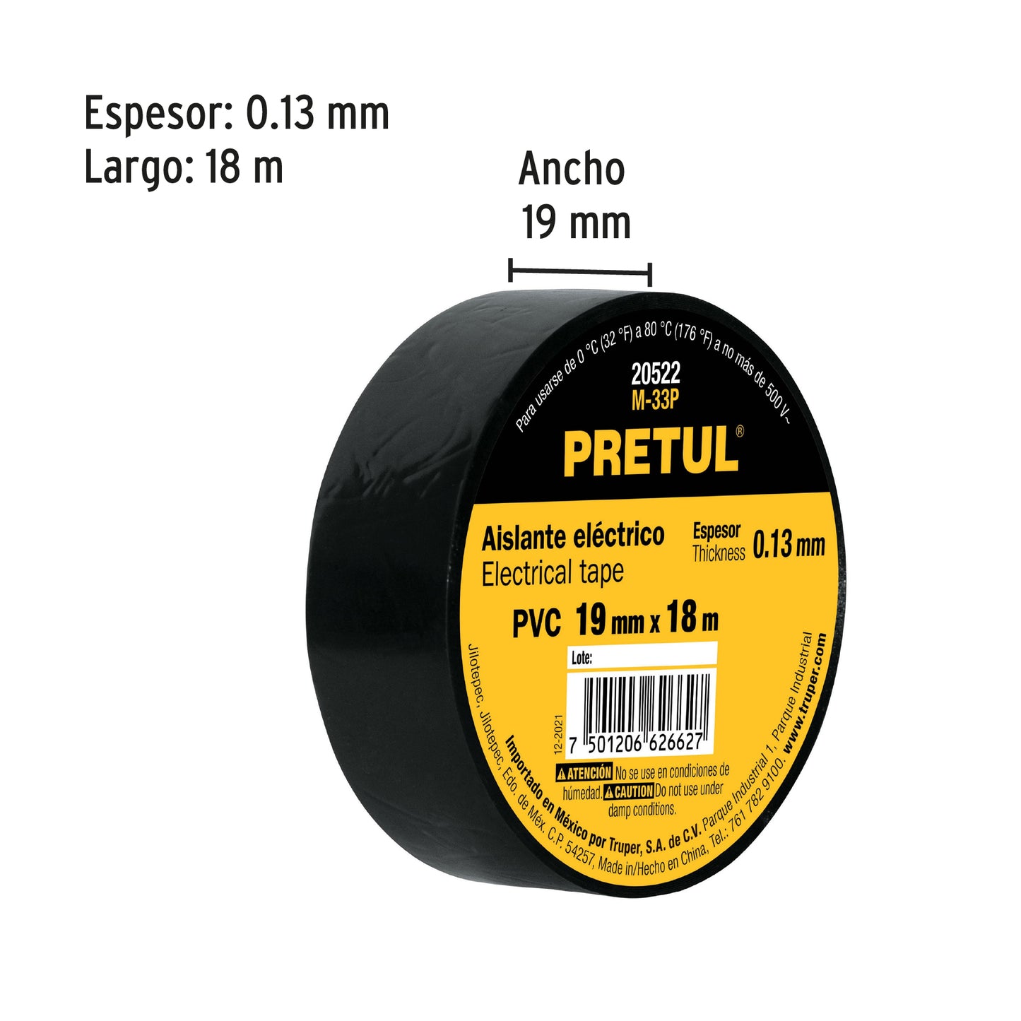 Cinta de aislar de 18 m x 19 mm, negra, PRETUL