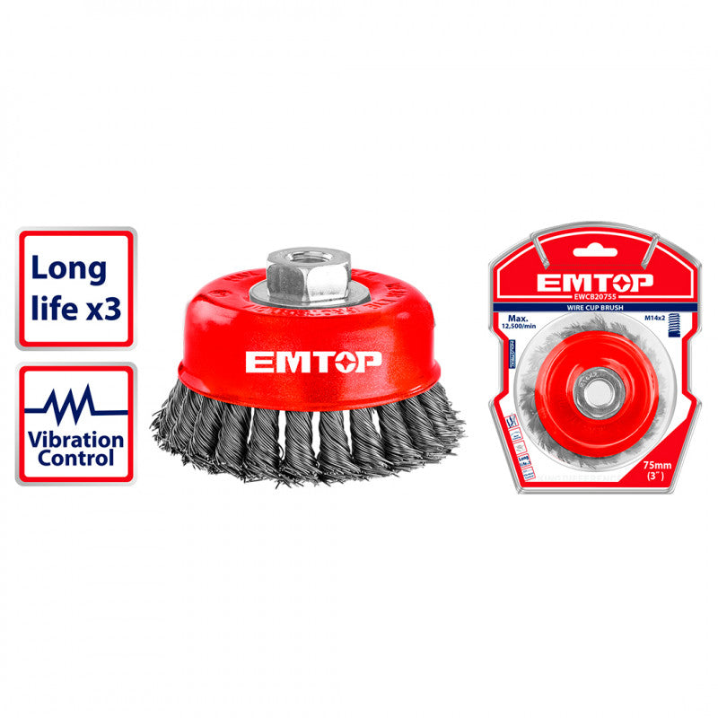 Cepillo de alambre trenzado de copa, diametro 3", eje 5/8" EMTOP