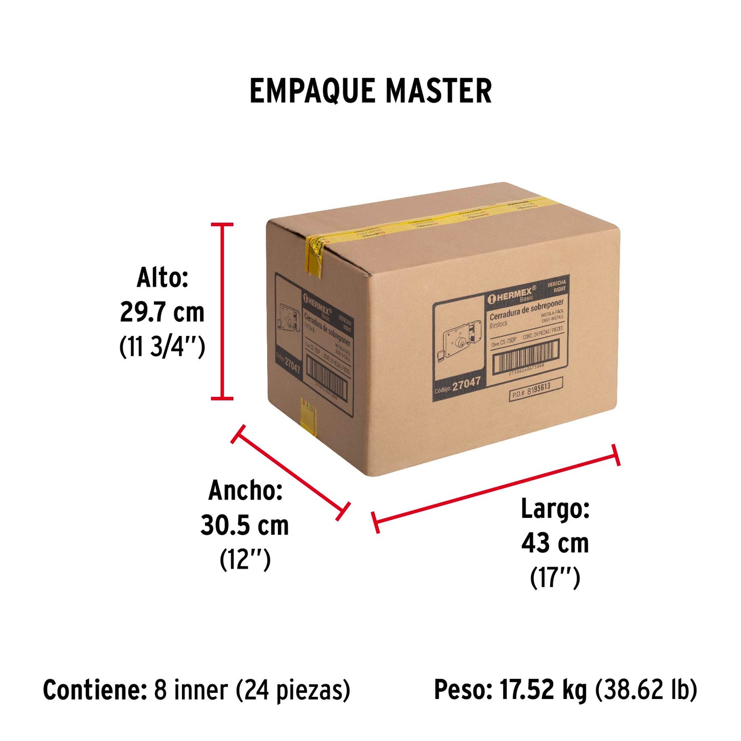 Cerradura sobreponer derecha instala-fácil, caja, HERMEX BASIC