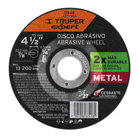 Disco Tipo 27 de 4-1/2'' x 6.4 mm desbaste de metal, TRUPER EXPERT