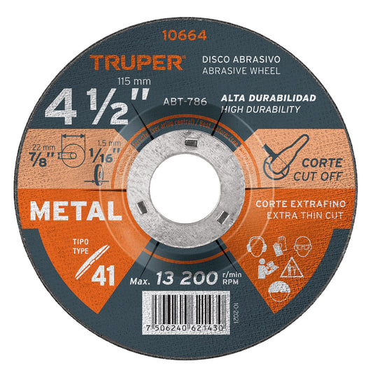 Disco para corte de metal 4-1/2" Tipo 41 "2mm" TRUPER