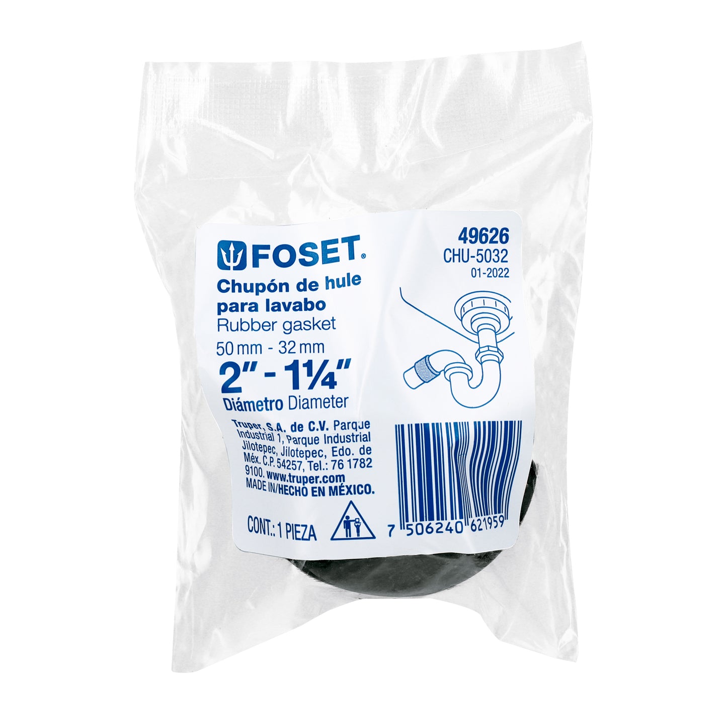 Chupón de hule de 2"x1-1/4" para lavamanos FOSET