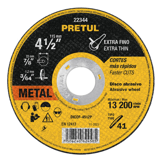 Disco Tipo 41 de 4-1/2" x 1.2 mm corte fino de metal, Pretul