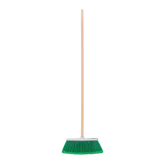 Escoba grande tipo cepillo, cerdas de PVC, bastón de madera