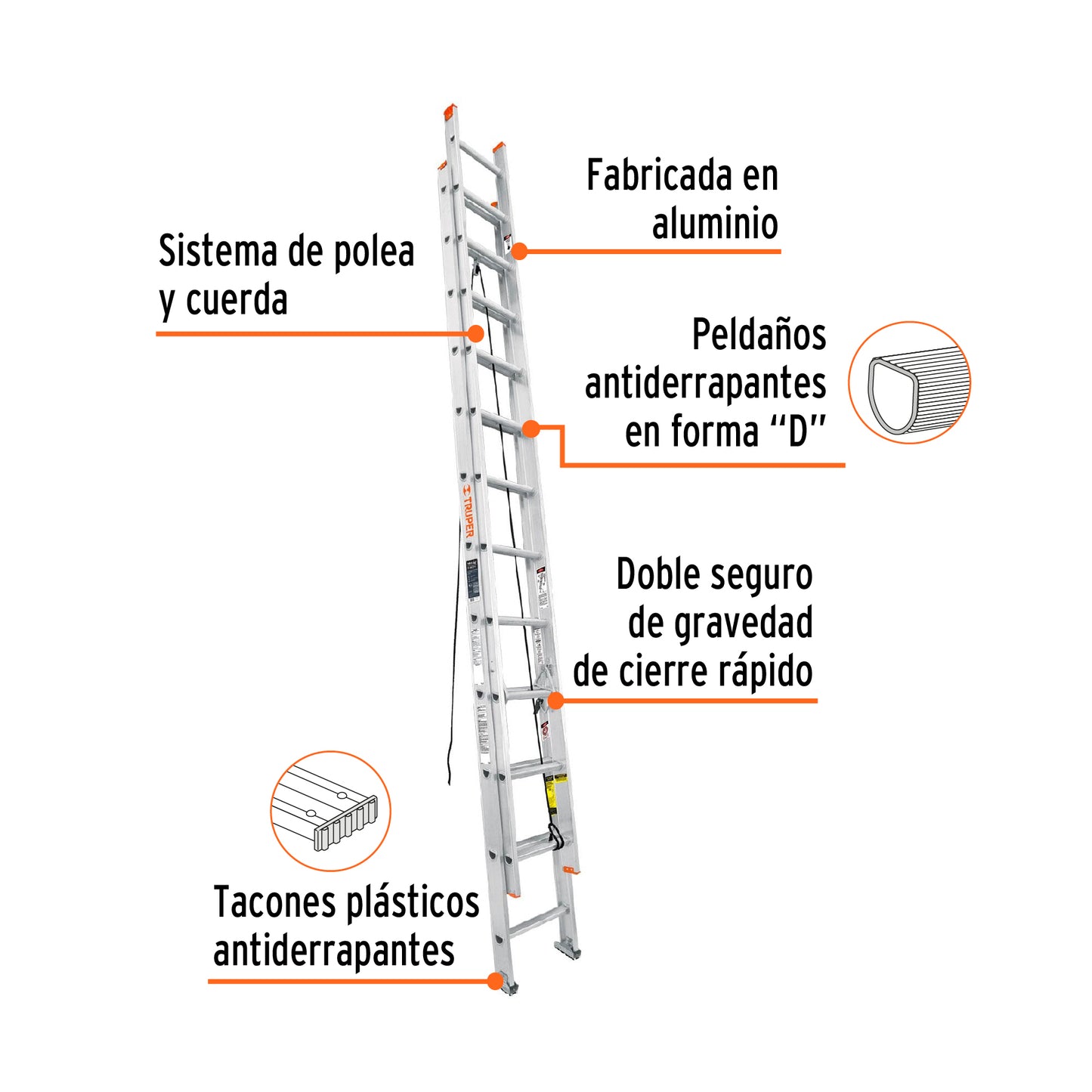 Escalera de extensión, tipo II, 20 peldaños, Truper
