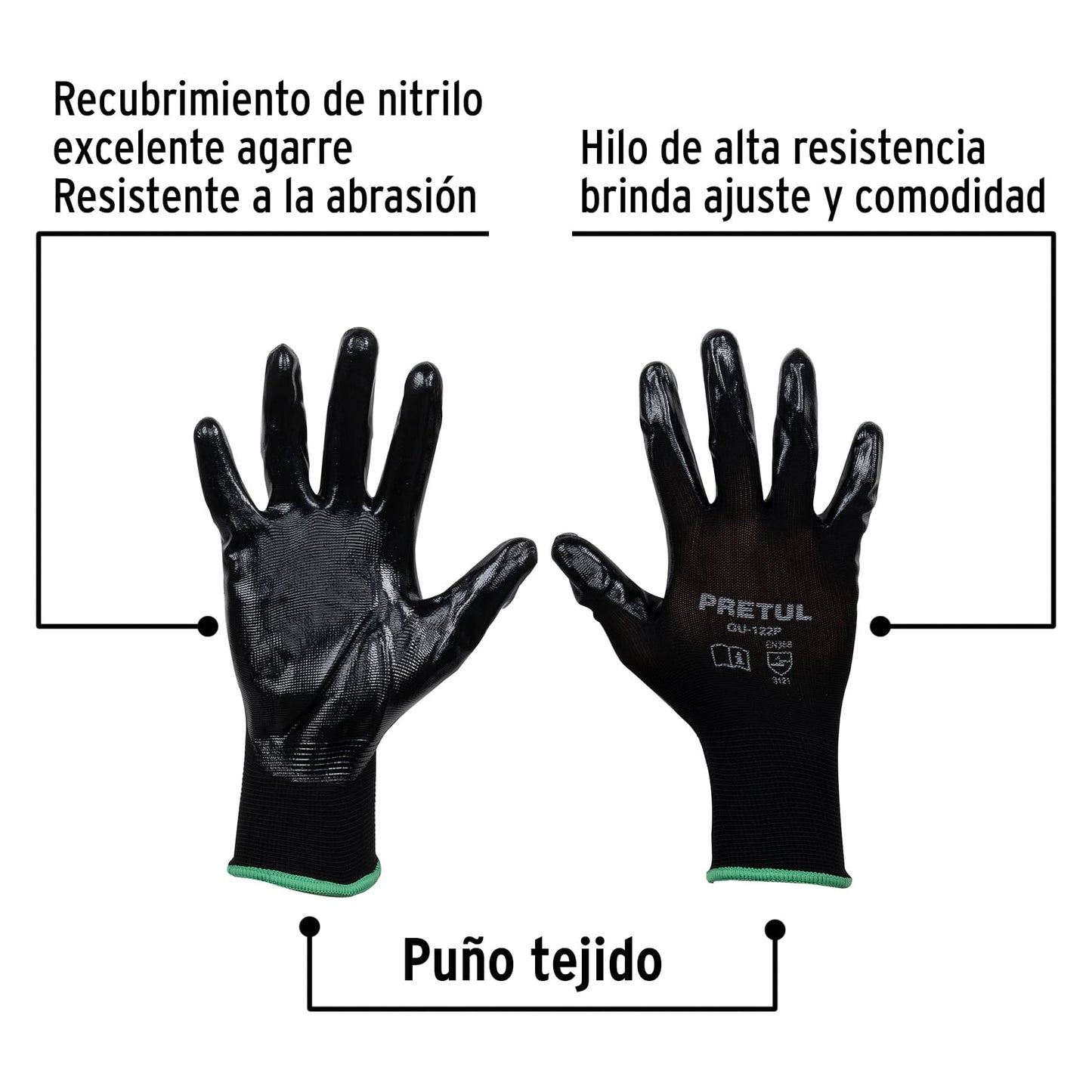 Guantes de nylon recubiertos de nitrilo, Talla M, PRETUL