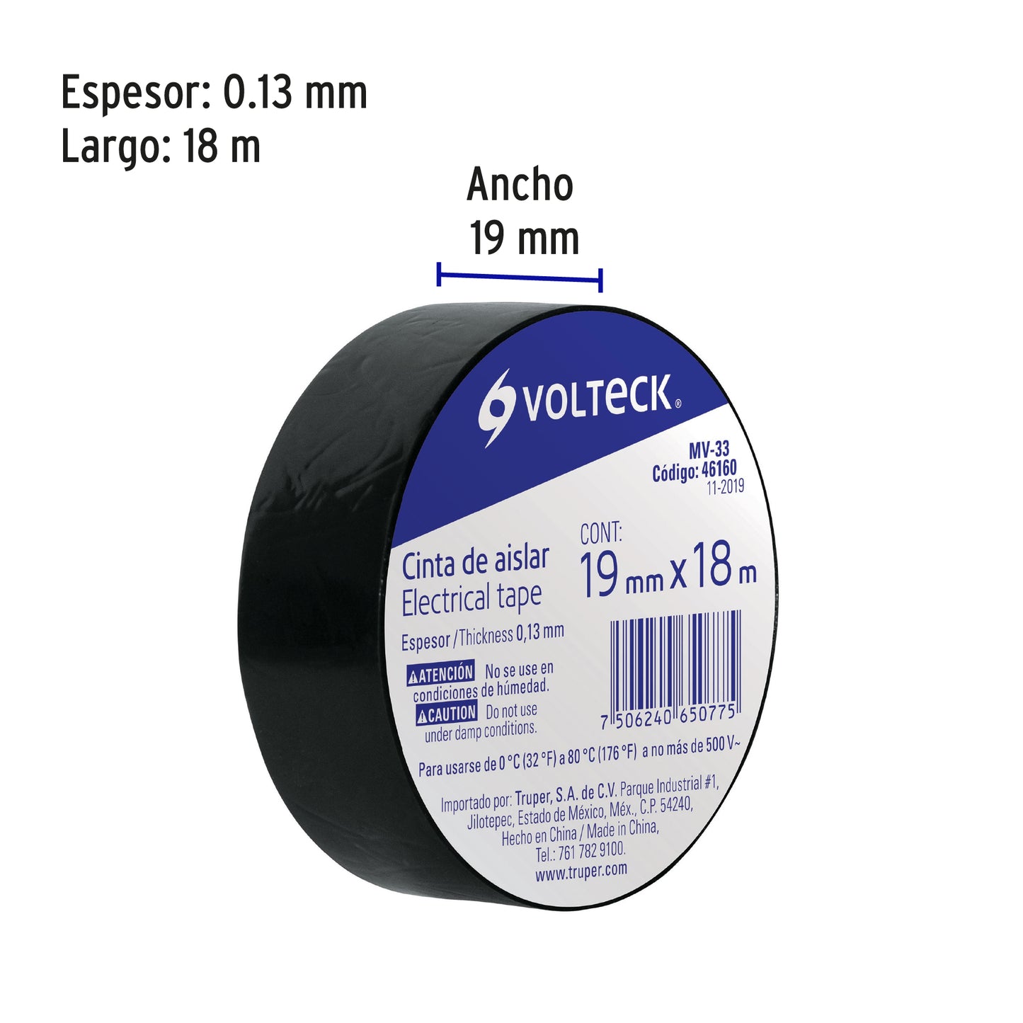 Cinta De Aislar De 18 M X 19 Mm, Negra, Volteck
