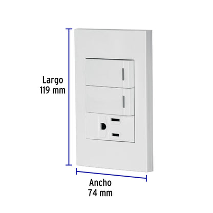 Placa Armada 2 Interruptores,1 Contacto,1mod,Española,Blanco