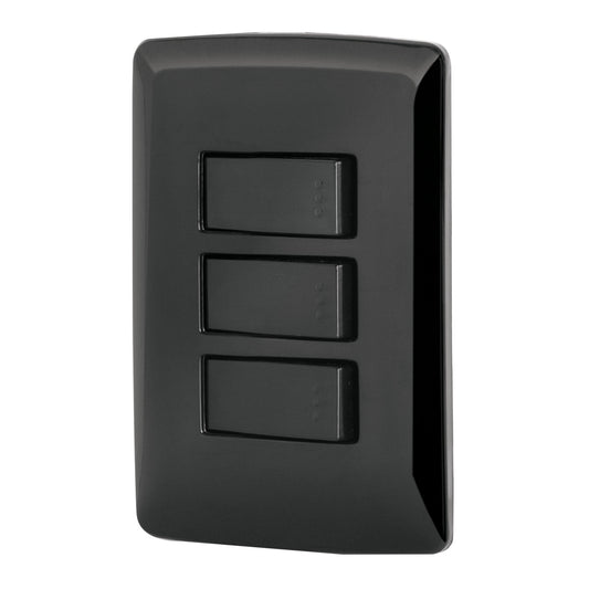 Placa Armada 3 Interruptores Sencillos,Negro, Línea Italiana