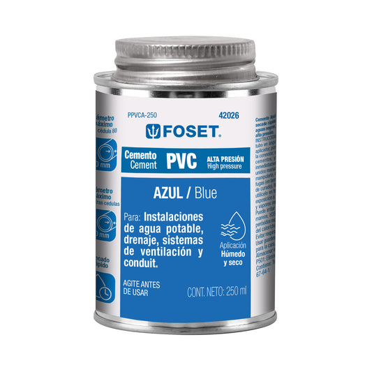 Cemento azul para pvc en bote de 250ml, alta presión, FOSET