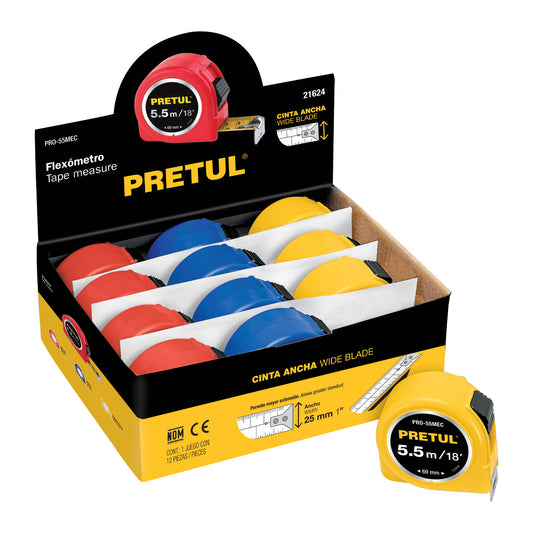 Flexómetro 5.5 m cinta 25 mm, display box con 12 pzas, PRETUL
