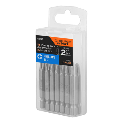 Estuche con 15 puntas de cruz PH2 largo 2", Truper Expert