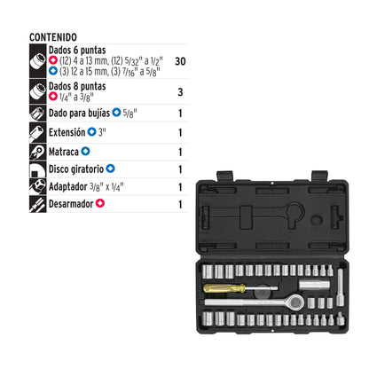 Juego de 39 herramientas 1/4'' y 3/8'' para mecánico, PRETUL