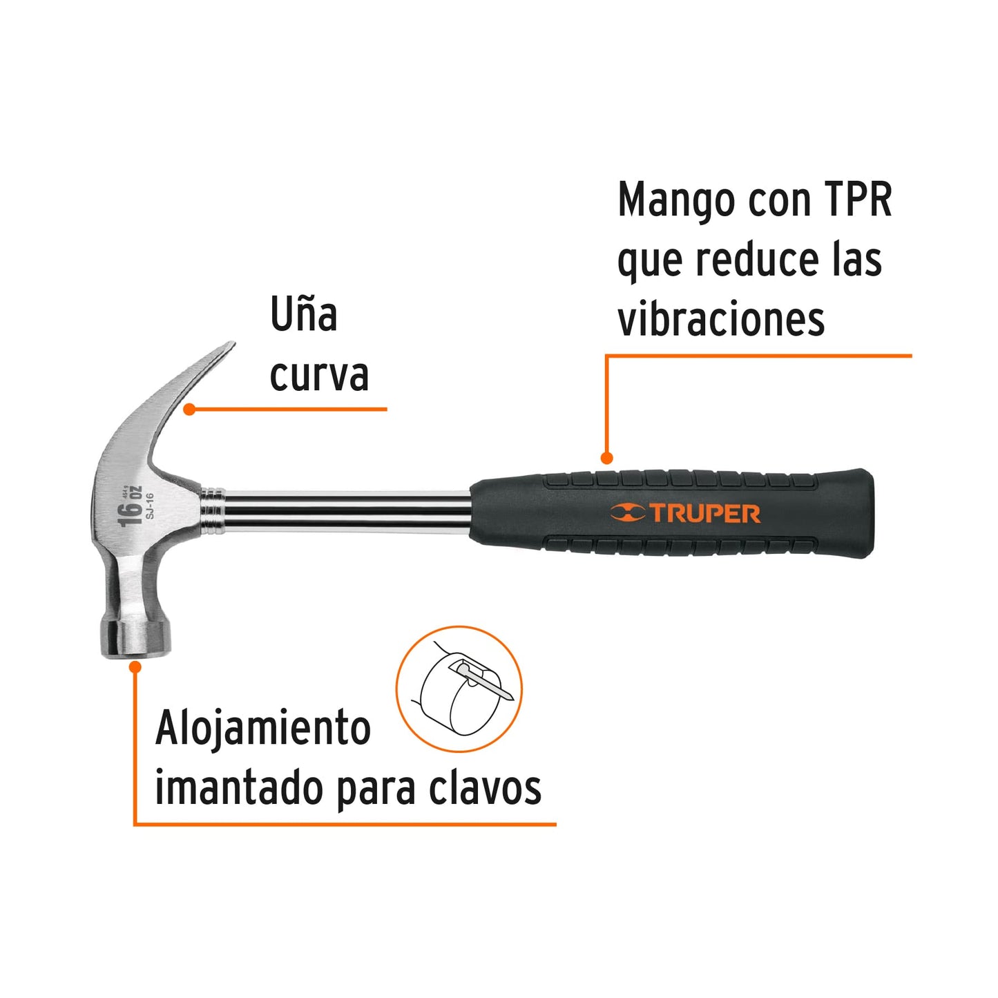 Martillo pulido 16 oz uña curva, mango tubular c/neopreno TRUPER