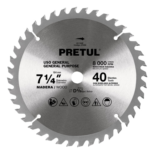 Disco sierra 7-1/4" p/madera, 40 dientes centro 5/8", Pretul