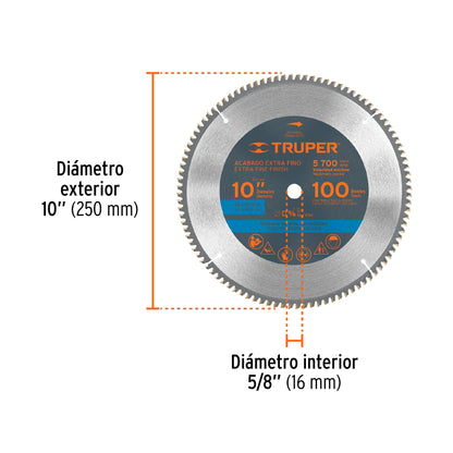 Disco sierra 10" para aluminio, 100 dientes centro 5/8" TRUPER