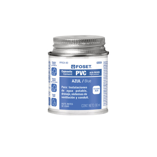 Cemento azul para pvc en bote de 90ml, alta presión, FOSET