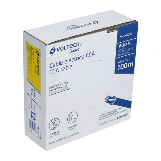Rollo De 100 Metros De Cable Thw Cca 12 Awg Blanco, Basic