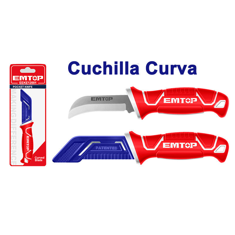 Cuchillo de bolsillo, hoja curva, 8" acero inoxidable, funda protectora EMTOP