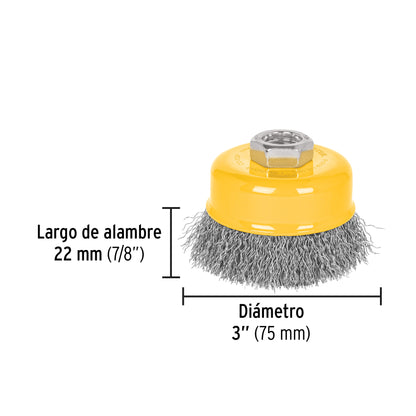 Carda copa 3", alambre ondulado fino, eje 5/8 pretul