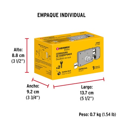 Cerradura sobreponer derecha instala-fácil, caja, HERMEX BASIC