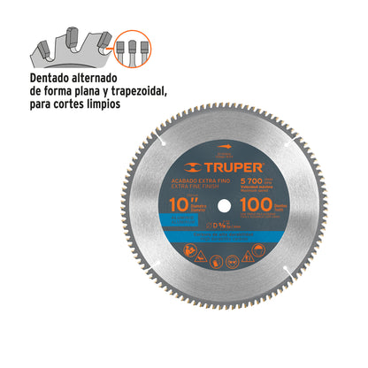 Disco sierra 10" para aluminio, 100 dientes centro 5/8" TRUPER