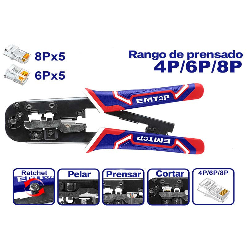 Pinza ponchadora 3 en 1, pela, corta y prensa, para terminales de linea de red y telefonica EMTOP