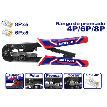 Pinza ponchadora 3 en 1, pela, corta y prensa, para terminales de linea de red y telefonica EMTOP