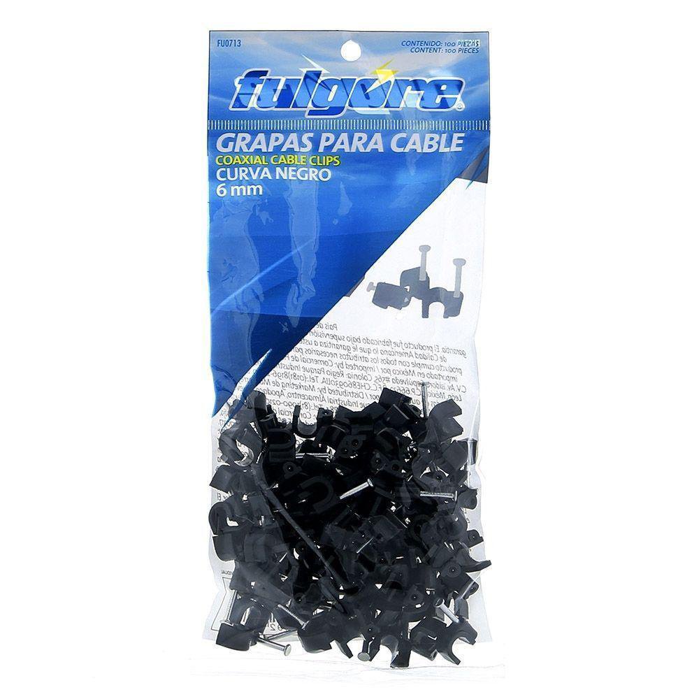 Grapa curva para cable coaxial 6mm color negro, 100 piezas, FULGORE