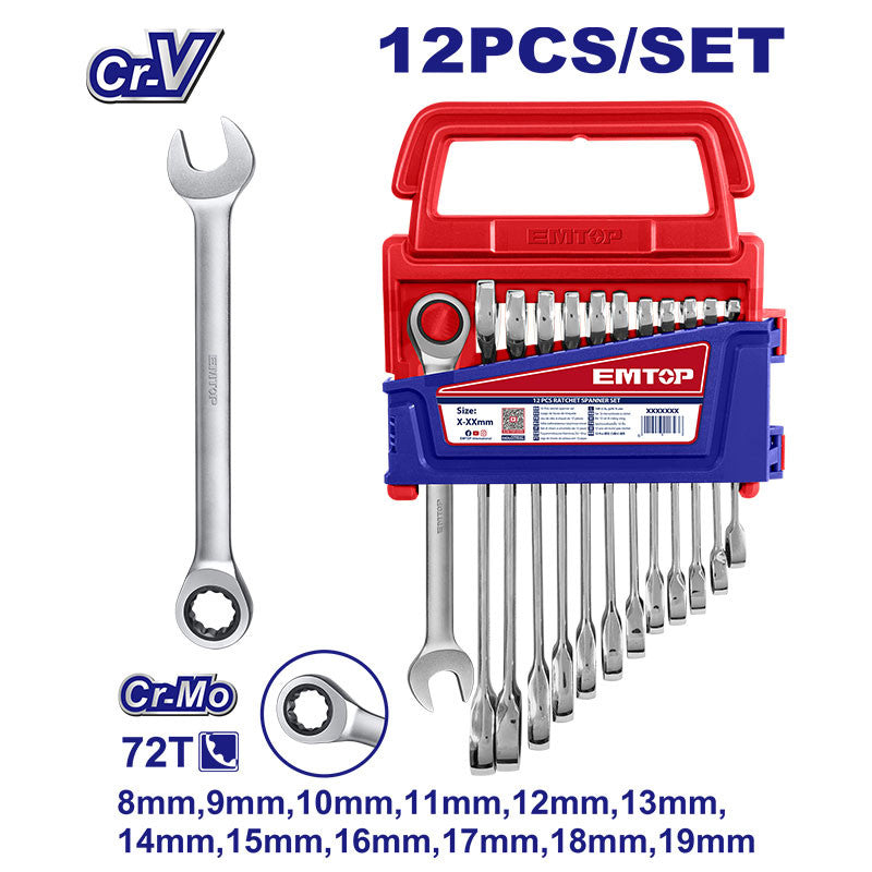 Juego de 12 llaves milimetricas con ratch, pulido fino CR-V 8,9,10,11,12,13,14,15,16,17,18 Y 19 MM. EMTOP